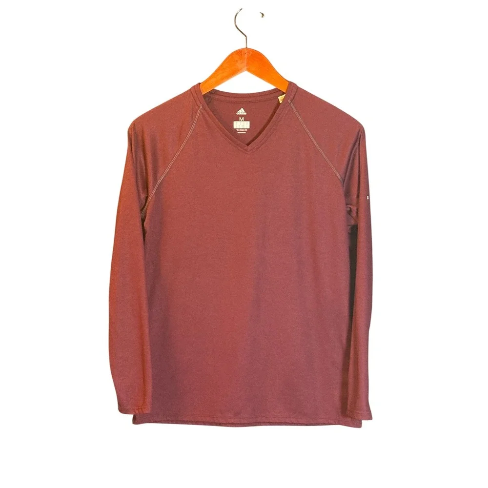 Adidas Mens Climalite Long Sleeve V-Neck Training Shirt Burgundy Maroon Size M
